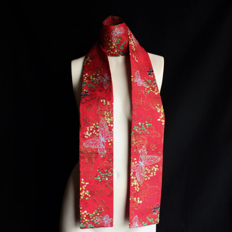 Handmade Cotton Long Scarf Upcycled Red Floral Butterfly Exotic Print Fabric Accessory