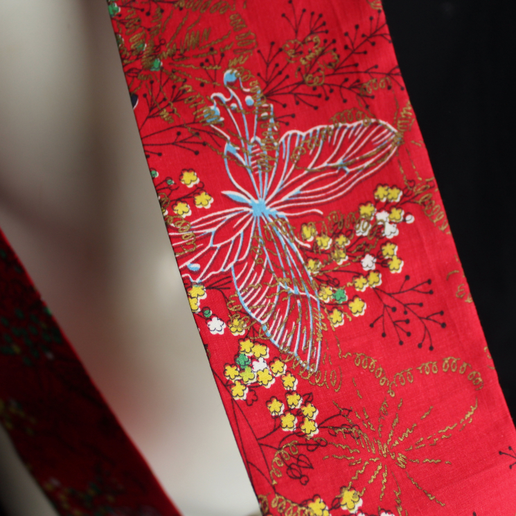 Handmade Cotton Long Scarf Upcycled Red Floral Butterfly Exotic Print Fabric Accessory