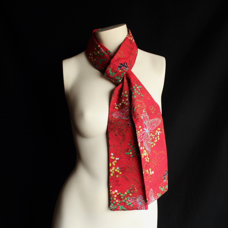 Handmade Cotton Long Scarf Upcycled Red Floral Butterfly Exotic Print Fabric Accessory