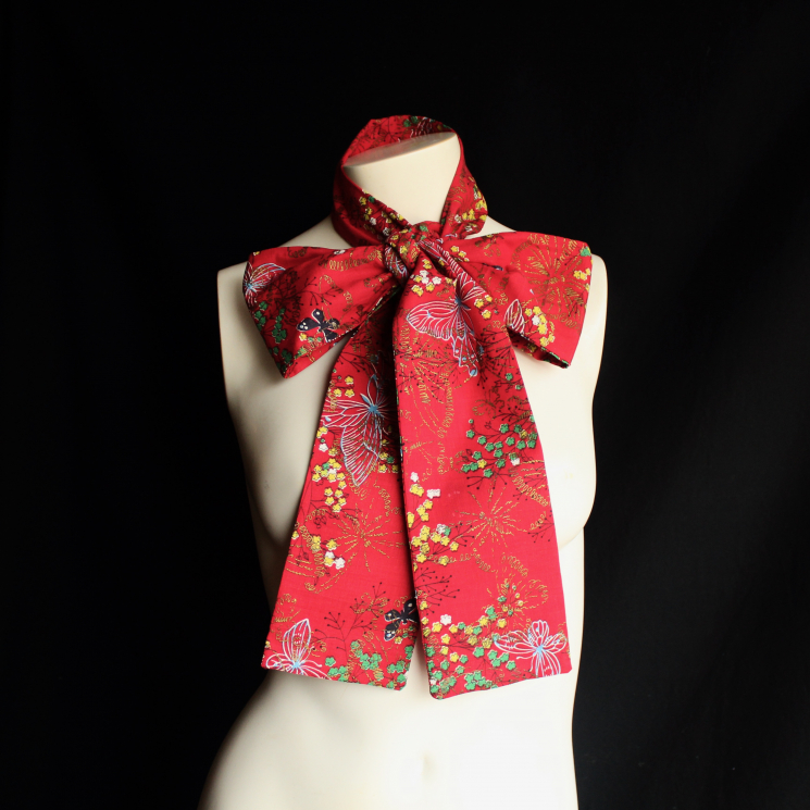 Handmade Cotton Long Scarf Upcycled Red Floral Butterfly Exotic Print Fabric Acc