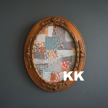 Original Art Mixed Media Painting Oval Vintage Frame Abstract Geometric