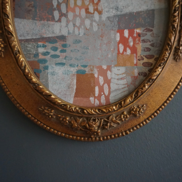 Original Art Mixed Media Painting Oval Vintage Frame Abstract Geometric