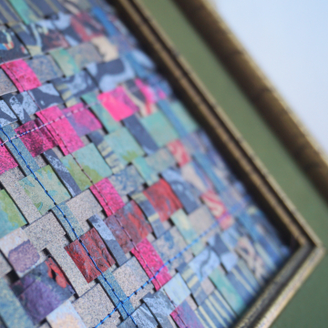 Woven Paper Collage Original Art Mixed Media Painting in Vintage Frame