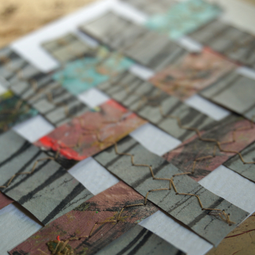 Original Small Woven Paper Sewn Collage Acrylic Painting Colorful Art