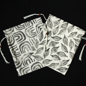 Handmade Natural Cotton Drawstring Large Bags One of a Kind Hand Printed 