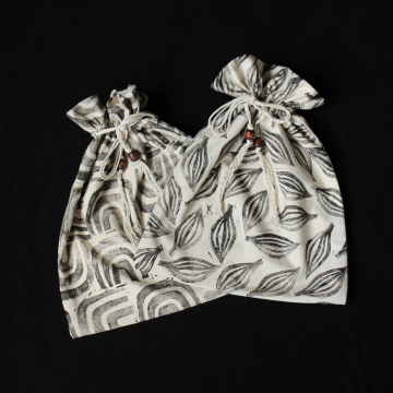 Handmade Natural Cotton Drawstring Large Bags One of a Kind Hand Printed 