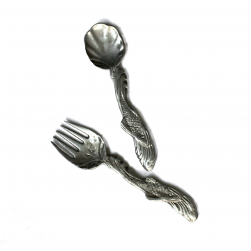 Vintage Pewter Koi Fish Salad Tossing Serving Utensils 10"