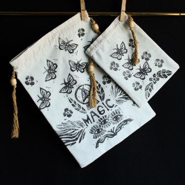 Handmade Reusable Bags Art Print Bag Set Hand Printed Upcycled Fabric