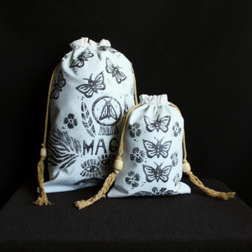 Handmade Reusable Bags Art Print Bag Set Hand Printed Upcycled Fabric