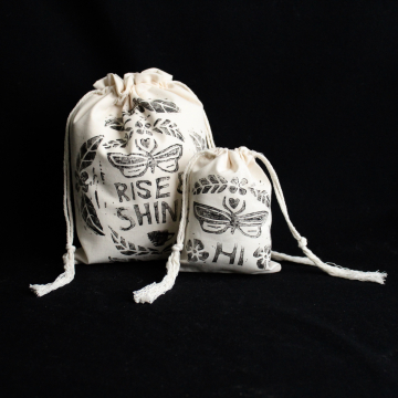 Handmade Hand Printed Cotton Bags Art Print Fabric Drawstring Bag Set