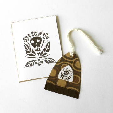 Handmade Paper Anytime Ornament + Greeting Note Card Set Skull Art Print