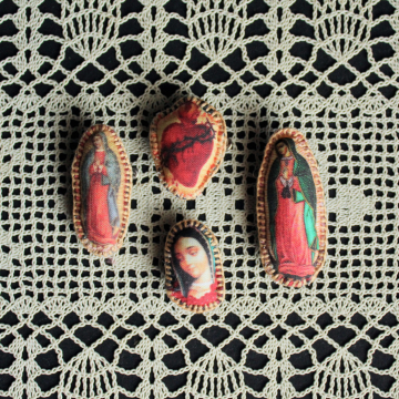 Handmade Tiny Fabric Pillow Brooch Set Our Lady of Guadalupe Sacred Heart Pins