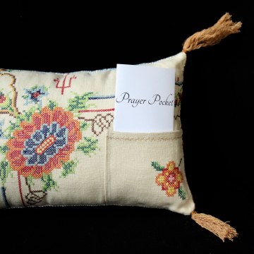 Prayer Pocket Pillow with Tassels Upcycled Vintage Embroidered Linen