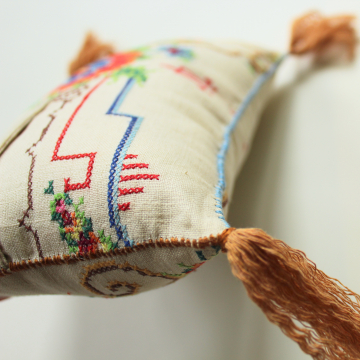 Prayer Pocket Pillow with Tassels Upcycled Vintage Embroidered Linen
