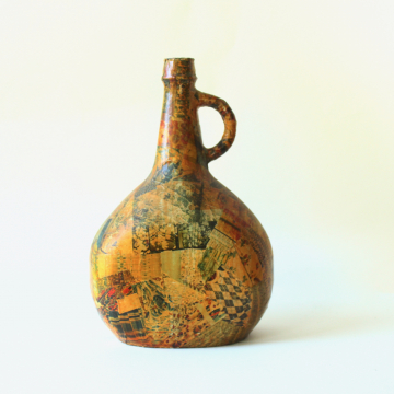 Vintage Decoupage Bottle Folk Art Collaged Large Glass Handle Jar