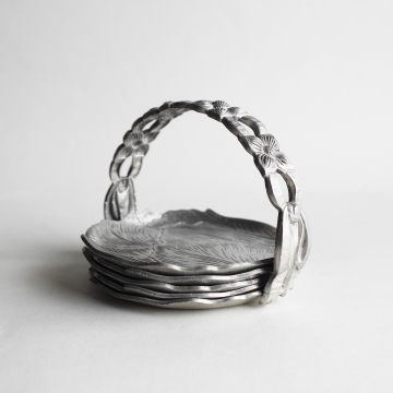 Vintage Rodney Kent Coasters with Basket Caddy Hammered Aluminum