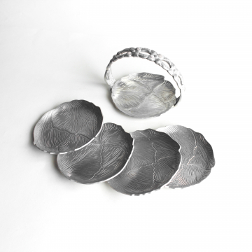 Vintage Rodney Kent Coasters with Basket Caddy Hammered Aluminum