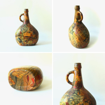 Vintage Decoupage Bottle Folk Art Collaged Large Glass Handle Jar